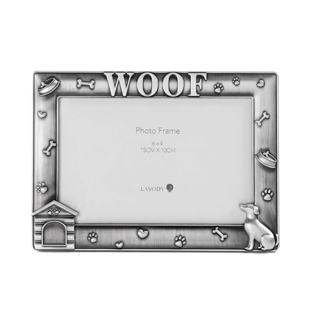 LASODY Metal Dog Photo Frame front view, durable antique silver finish for desk display.
