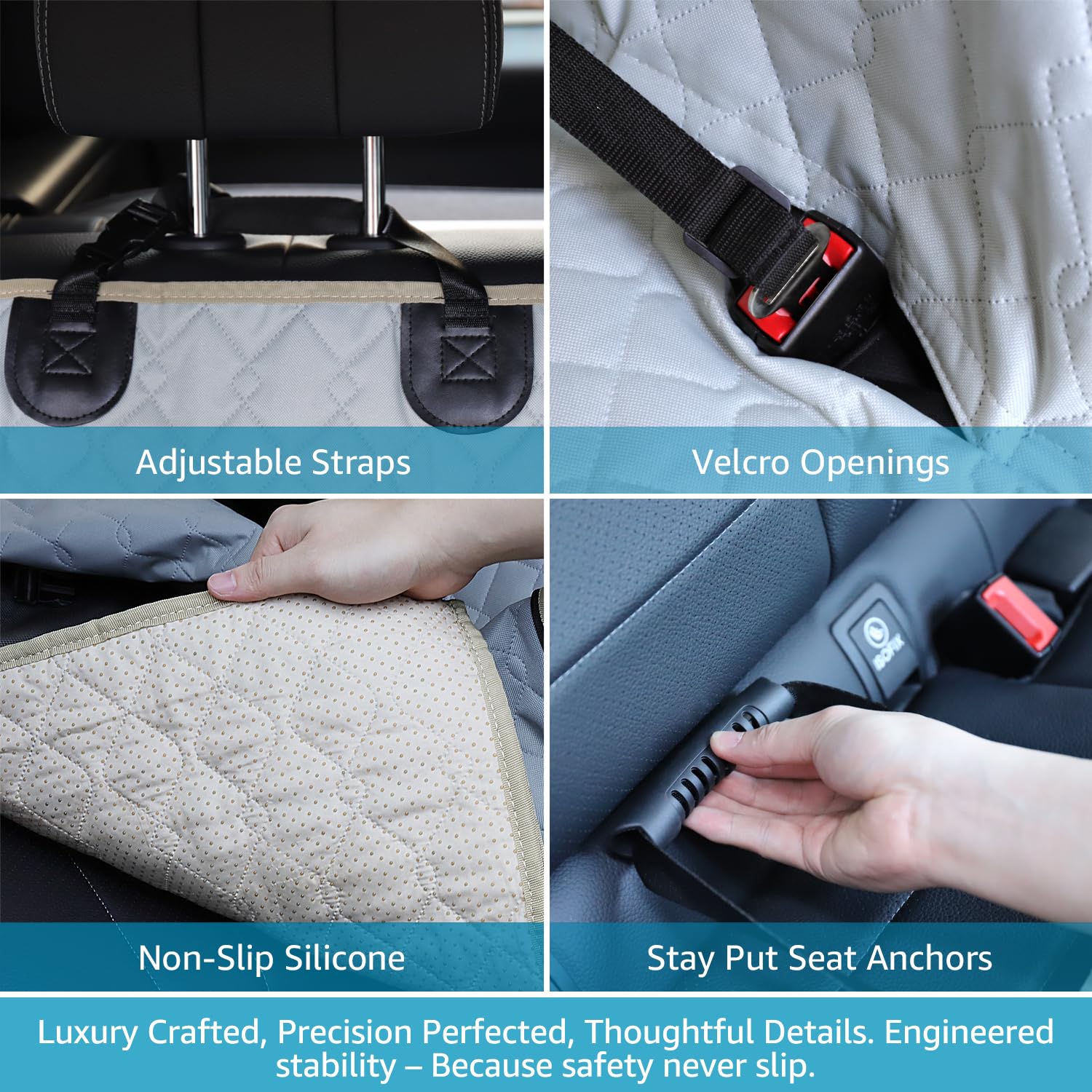Lassie easy-install, remove, and machine-washable back seat cover for quick cleanup.