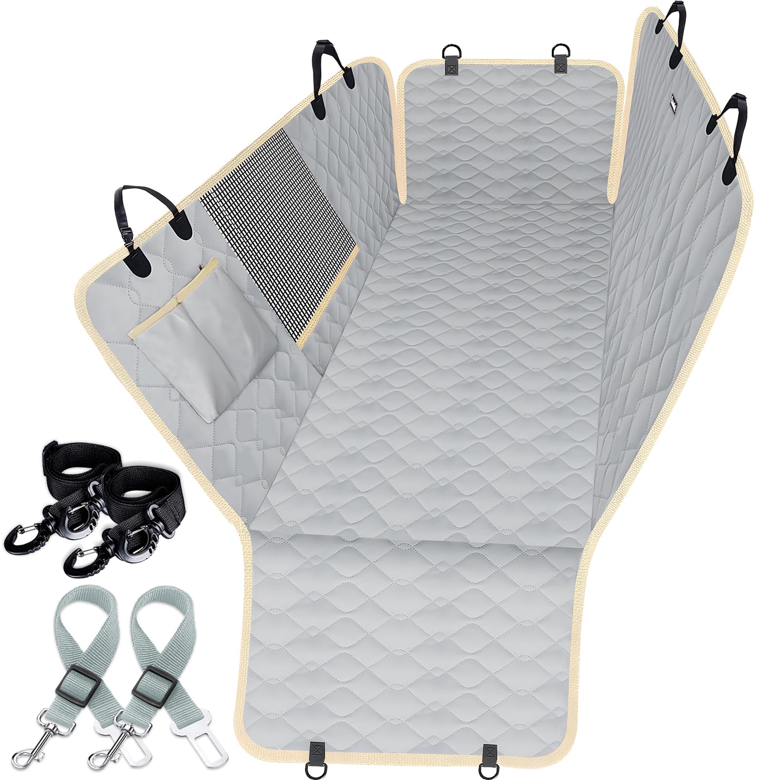 Lassie dog car seat cover hammock with side flaps protects doors during travel.
