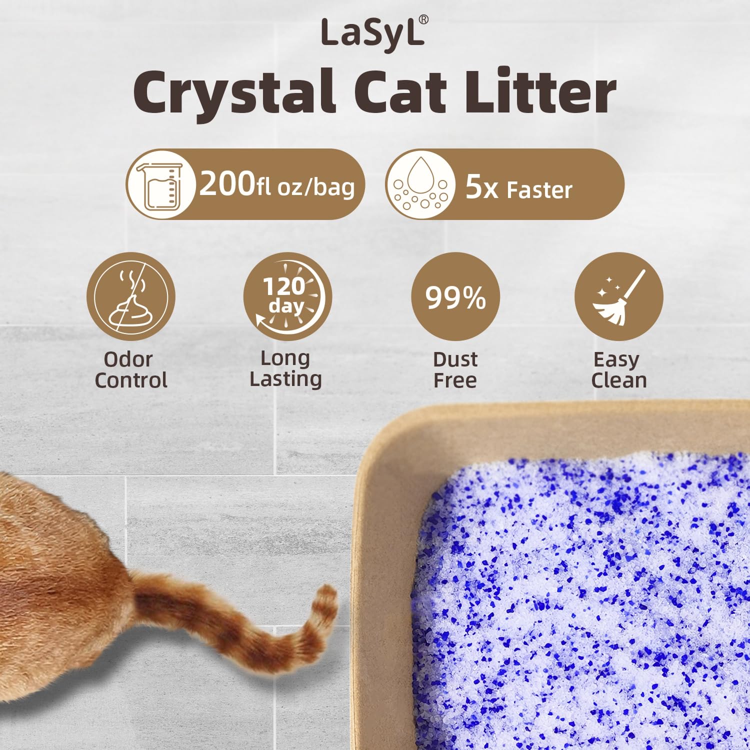 LaSyL crystal litter close-up reveals silica crystals for fast absorption and odor control