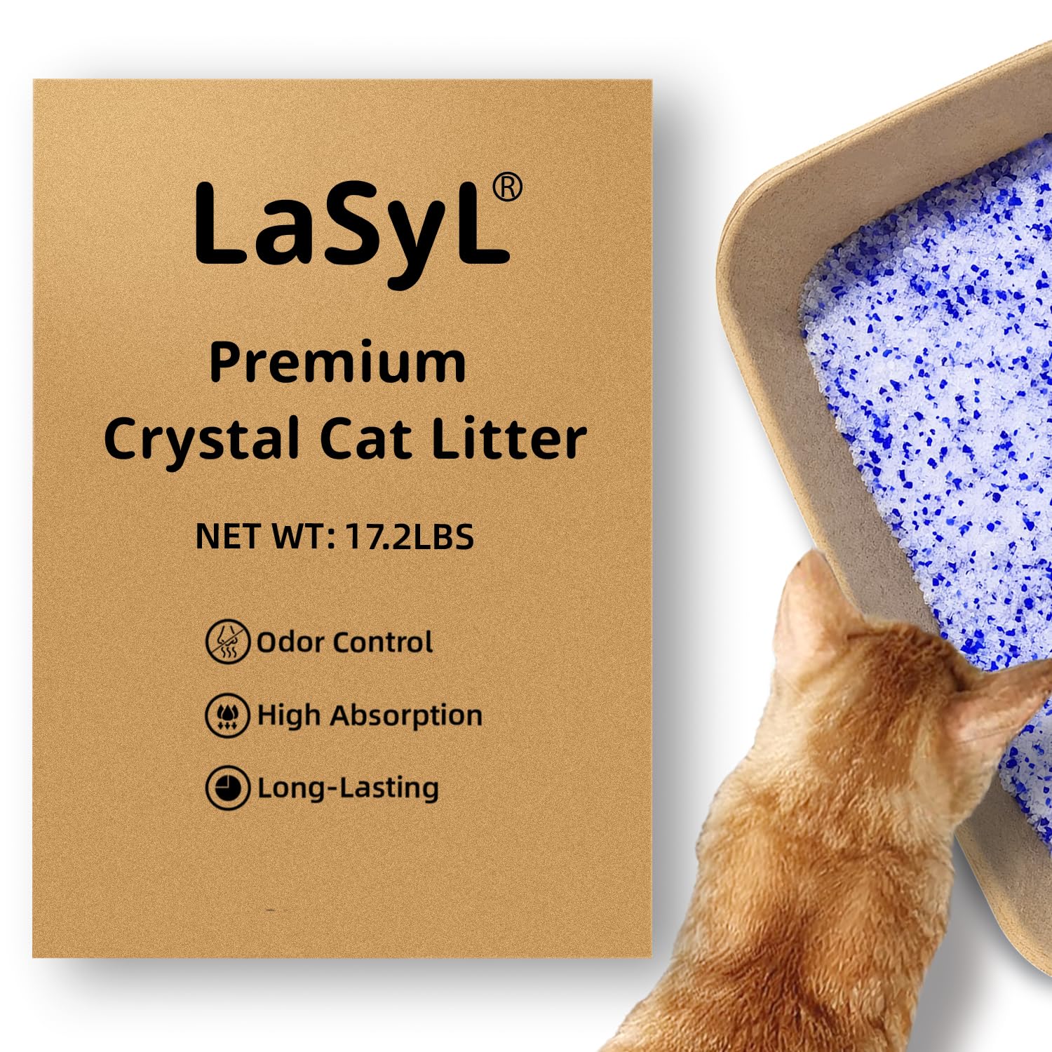 LaSyL Premium Crystal Cat Litter four-bag packaging shows long-lasting supply