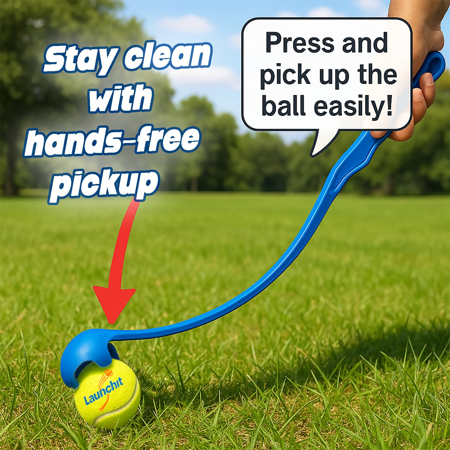 Launchit hands-free pickup design reduces bending and mess.