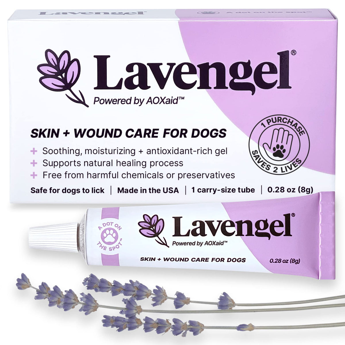 Lavengel dog ointment bottle closeup shows natural formula for gentle skin care.