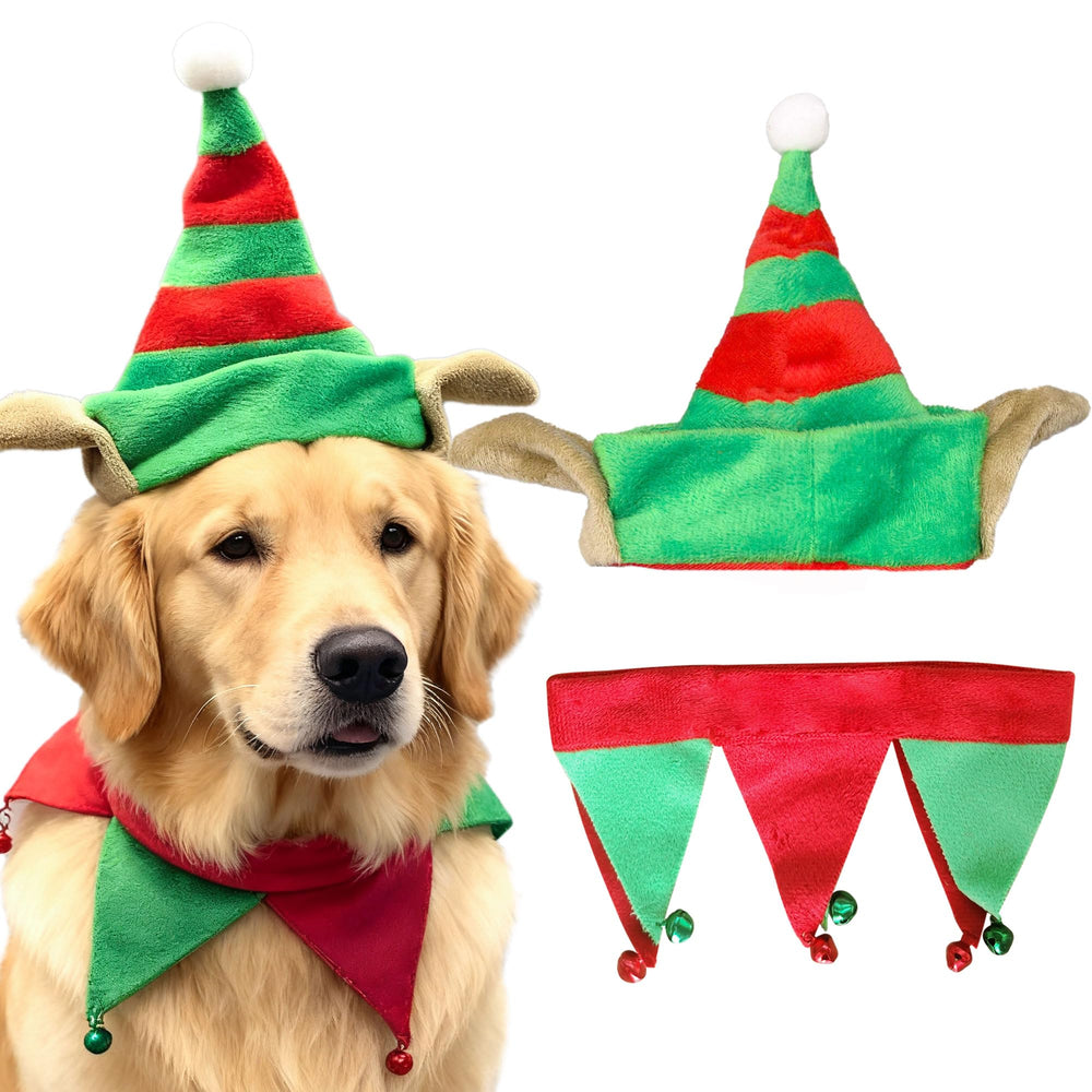 LaVenty Christmas hat and bandana set shines for festive pet outfits and holiday photos.