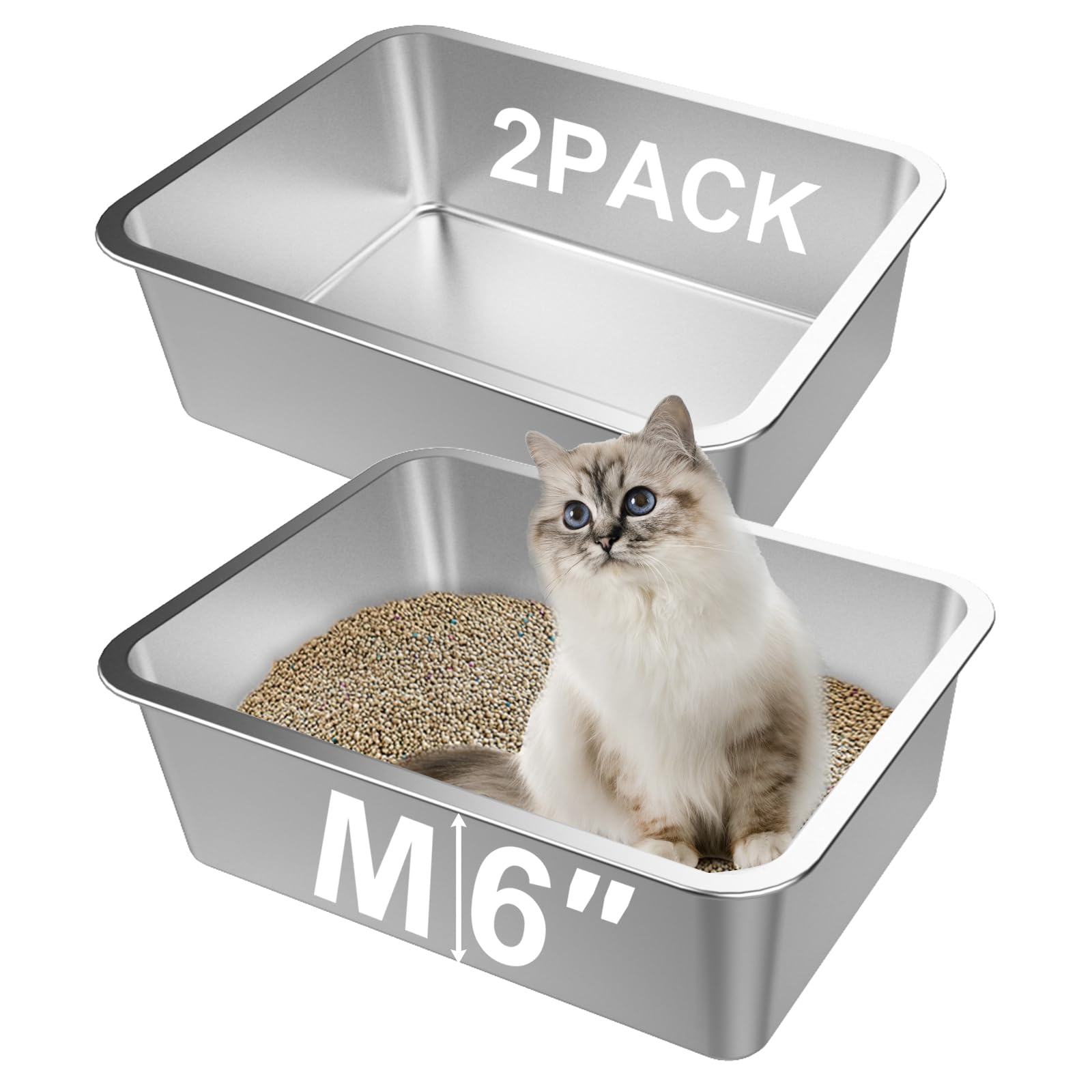 Lawei 2PCS stainless steel cat litter box—open view for easy access and quick cleaning.
