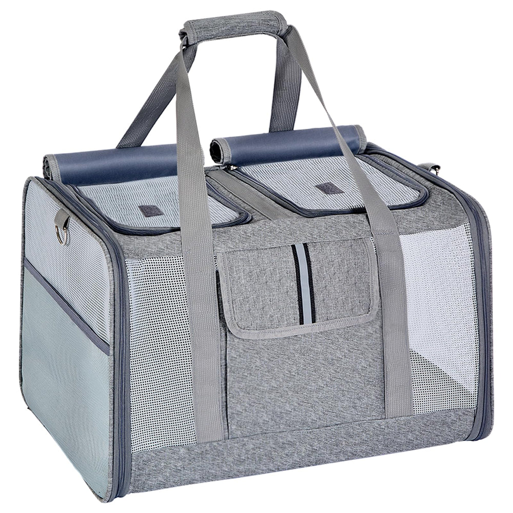 Lawfery cat carrier dual compartments keeps two pets secure during travel.