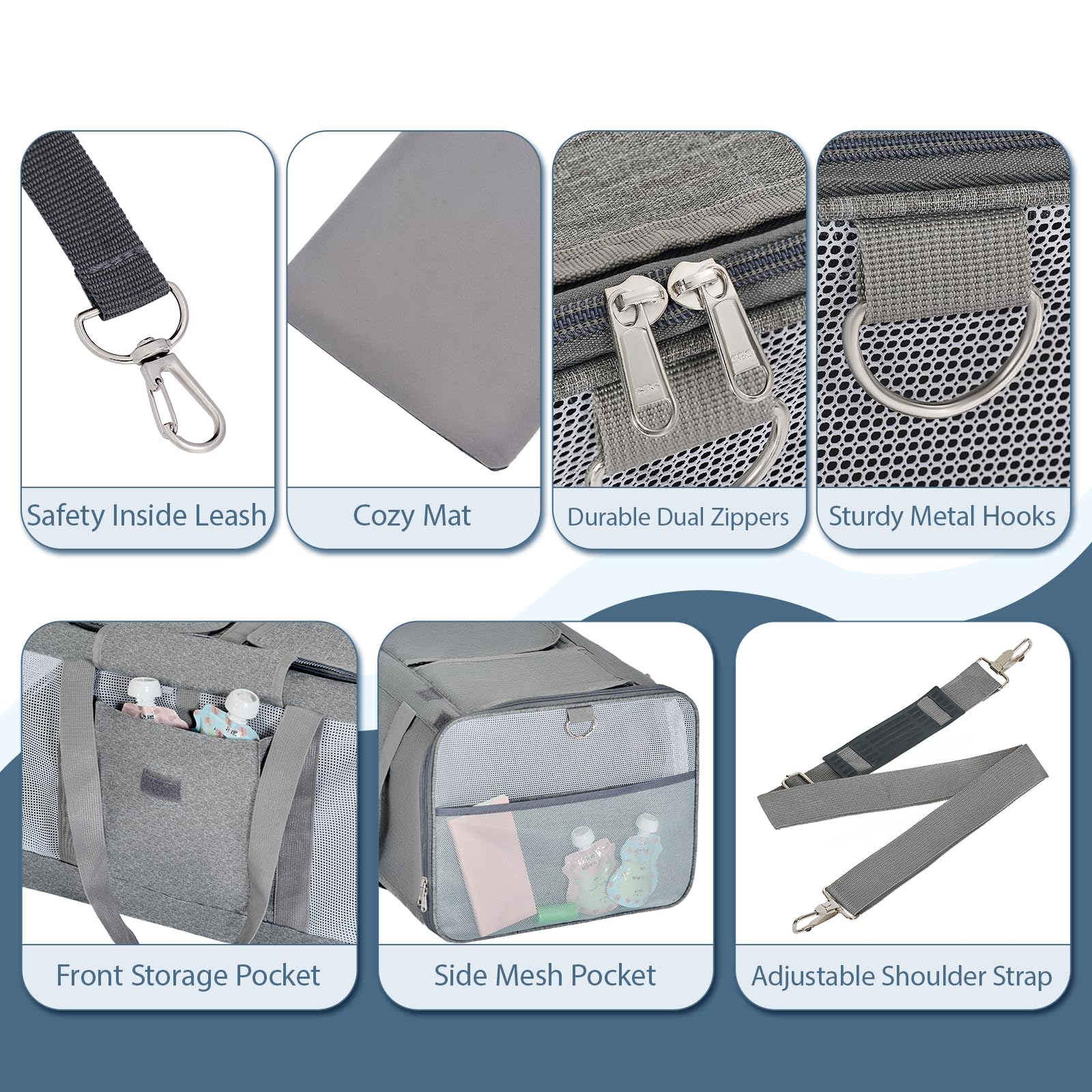 Lawfery cat carrier front pocket stores treats and documents for convenient travel.
