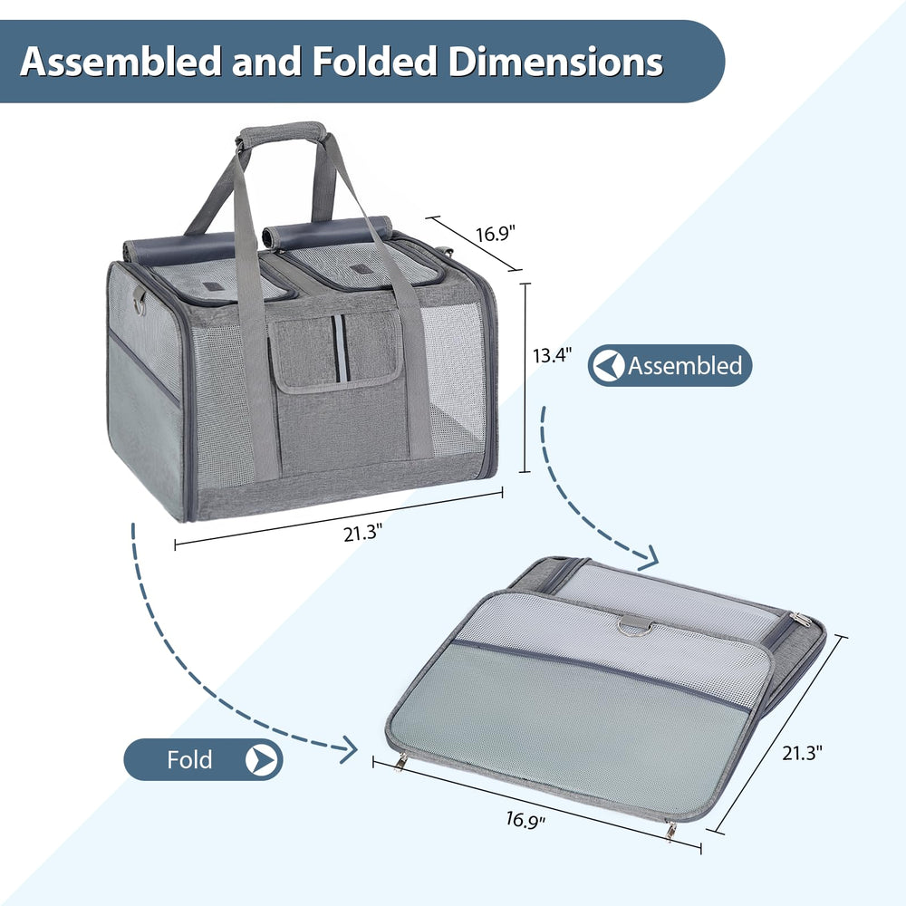 Lawfery cat carrier in use demonstrates secure two-pet setup and easy access.