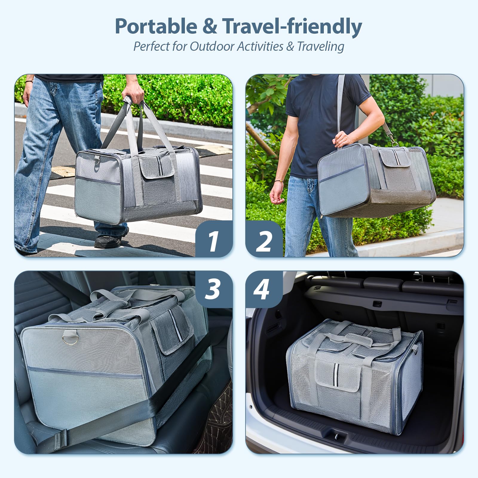 Lawfery cat carrier side mesh pouch keeps toys and leashes within reach.