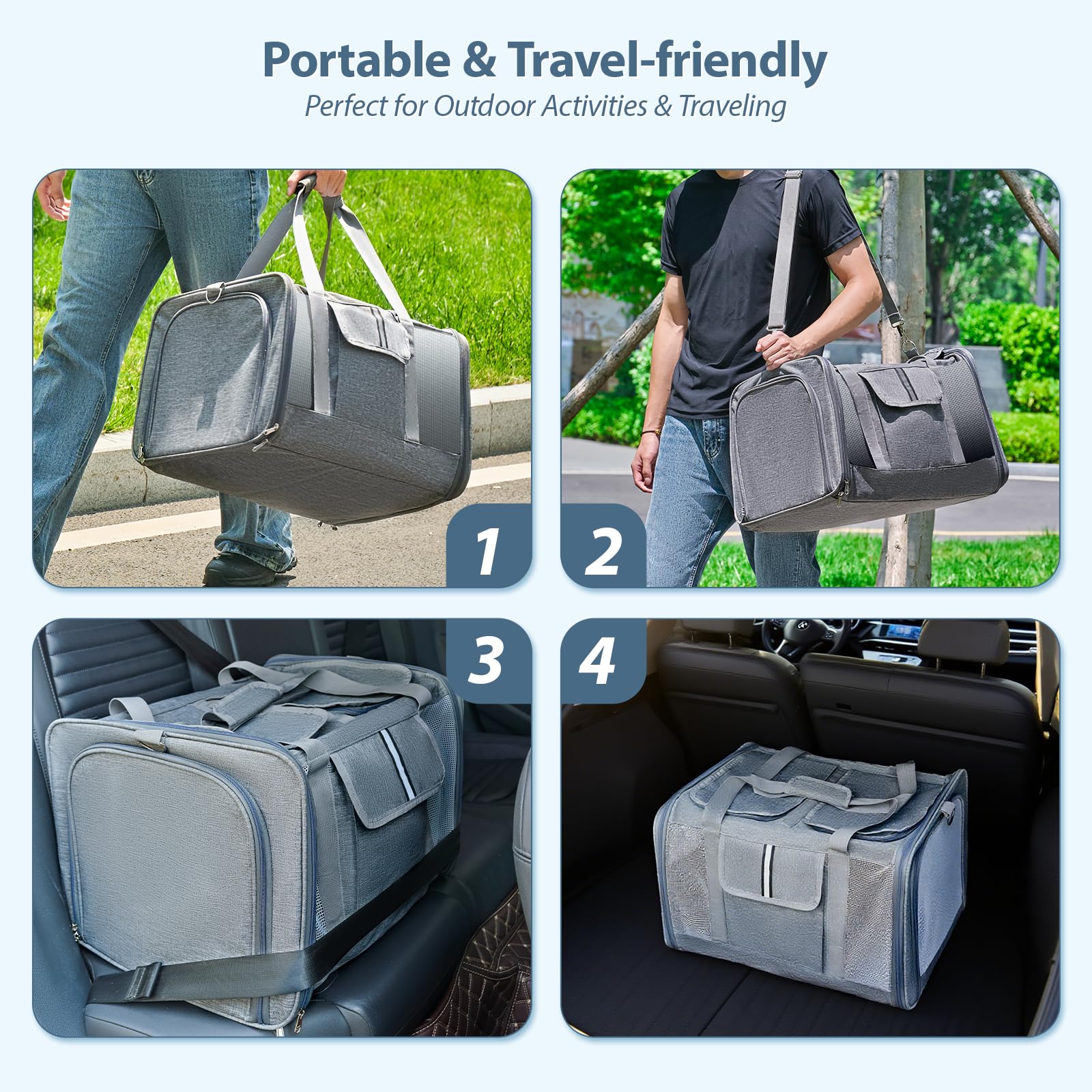 Lawfery cat carrier three-entry design for easy loading and monitoring.