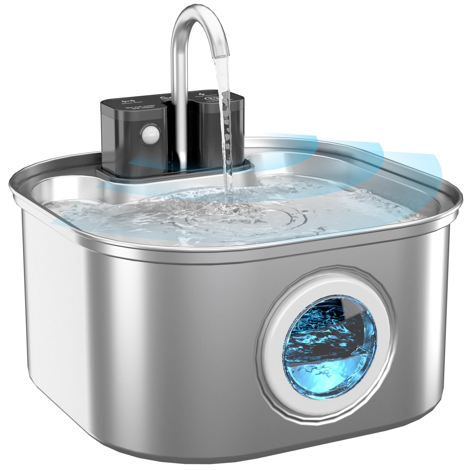 Lawfery fountain in use with filtered water stream highlighting ease of upkeep.