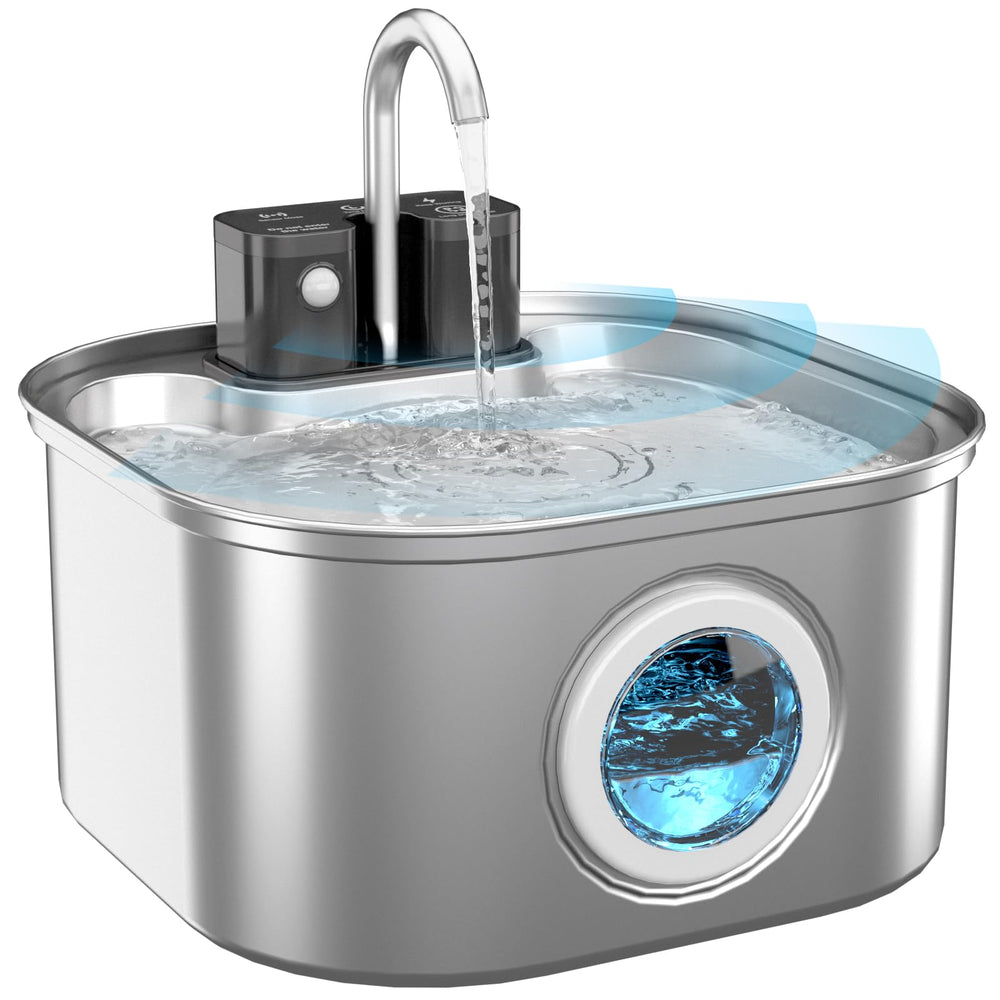 Lawfery fountain in use with filtered water stream highlighting ease of upkeep.