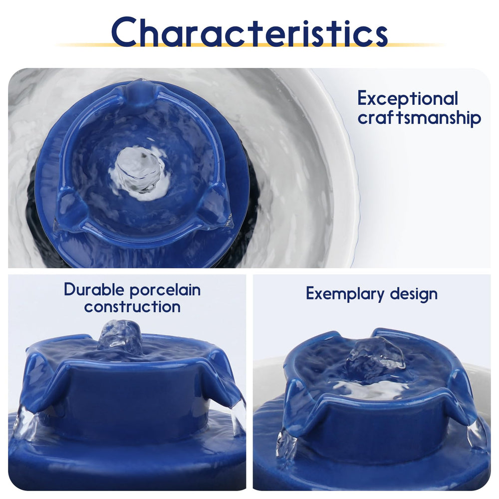 Lawfery cat fountain with 2 pumps close-up, ensures steady water flow.
