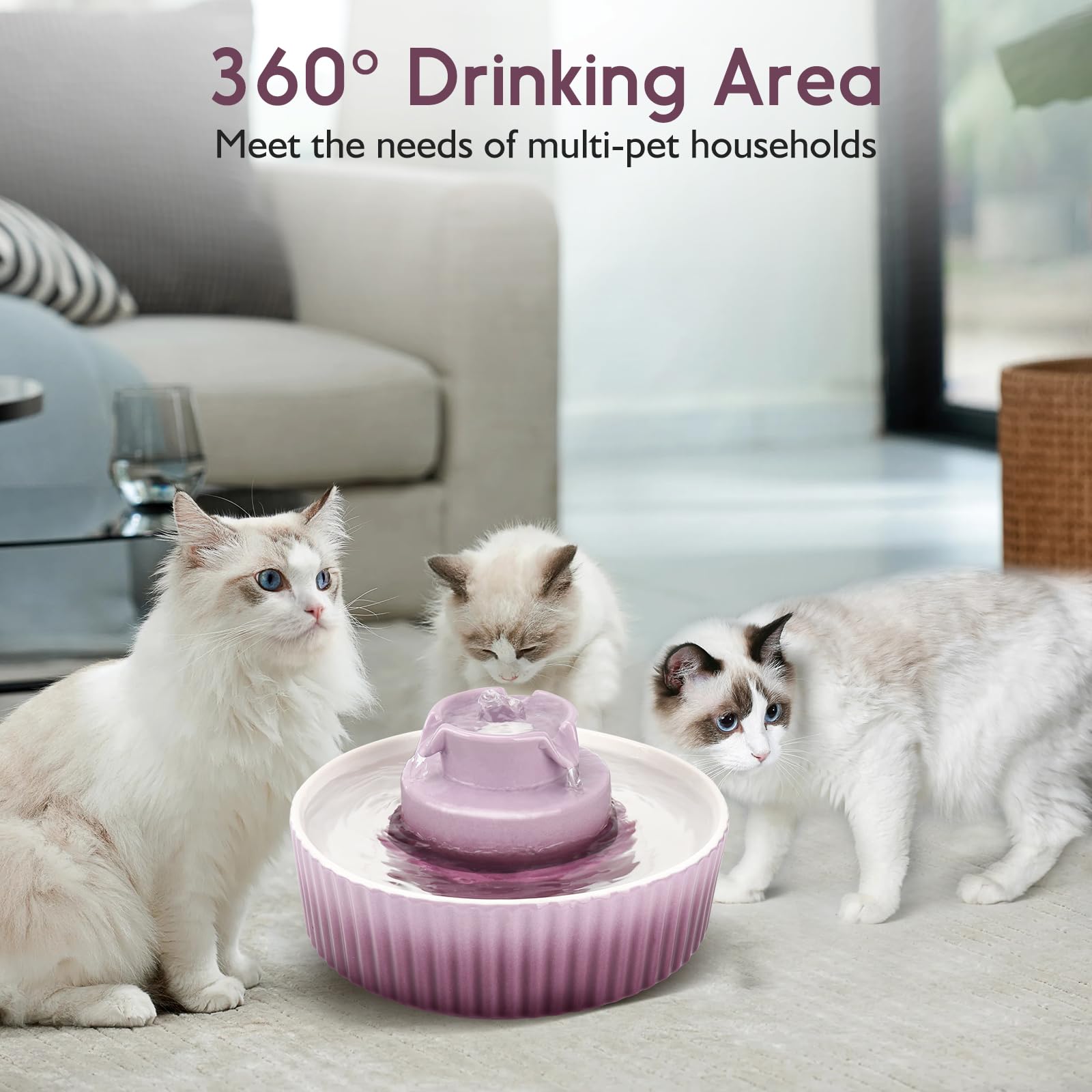 Lawfery cat fountain with 3 filters demonstrates thorough water purification for clean drinking water.