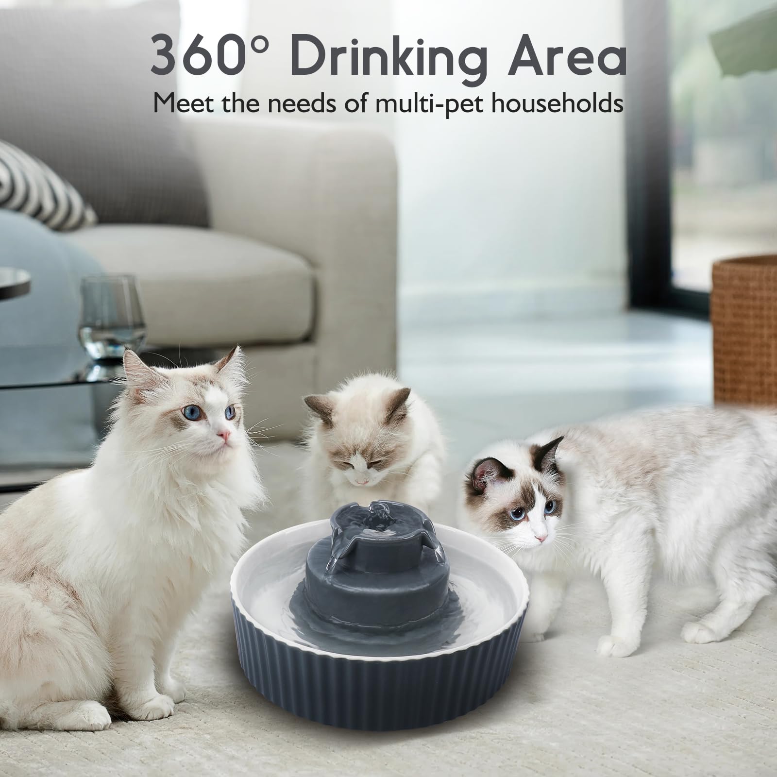 Lawfery Cupcake Fountain dual-filter system with charcoal filters for clean water.