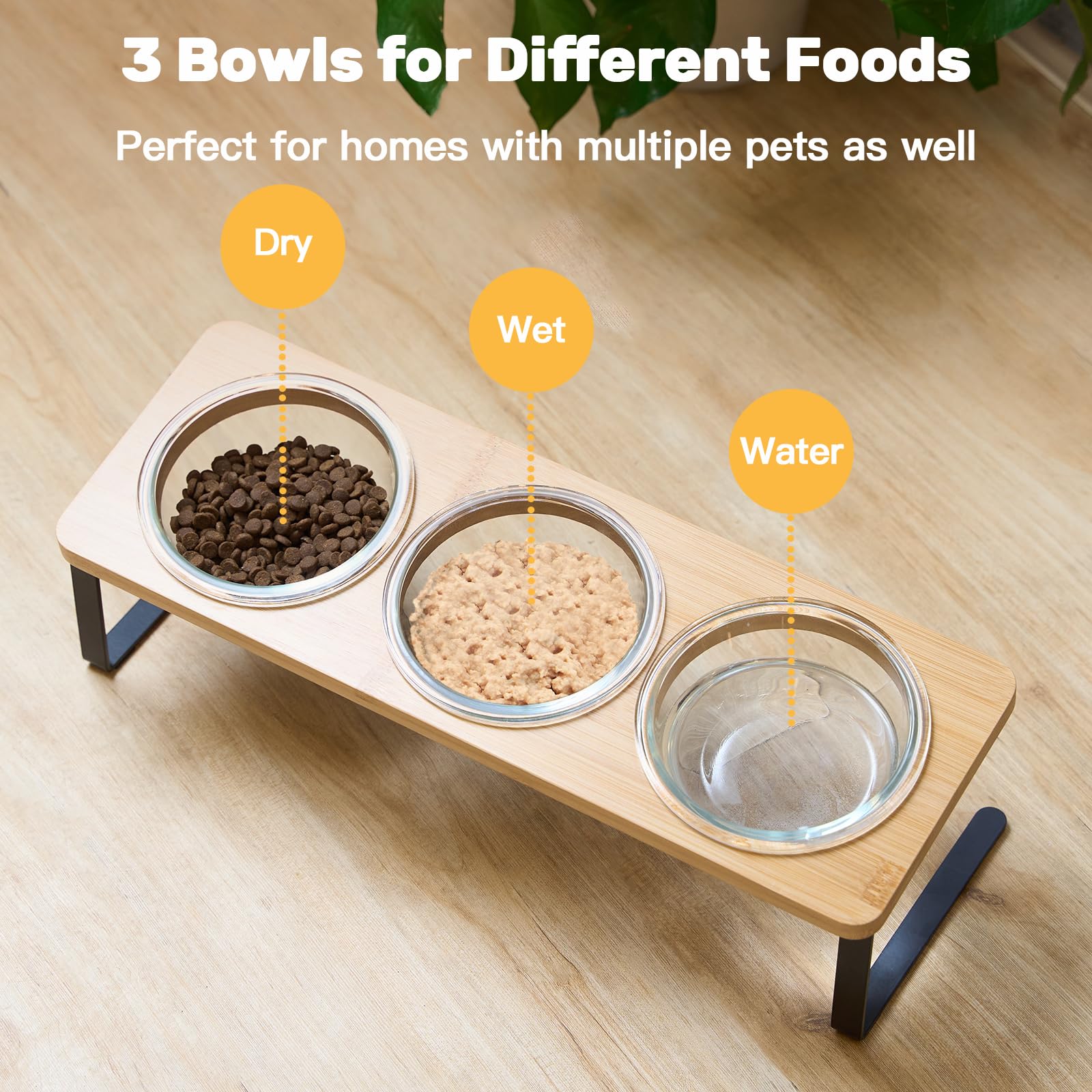 Lawfery Elevated Cat Bowls three bowls enable water, dry, and wet foods at once.