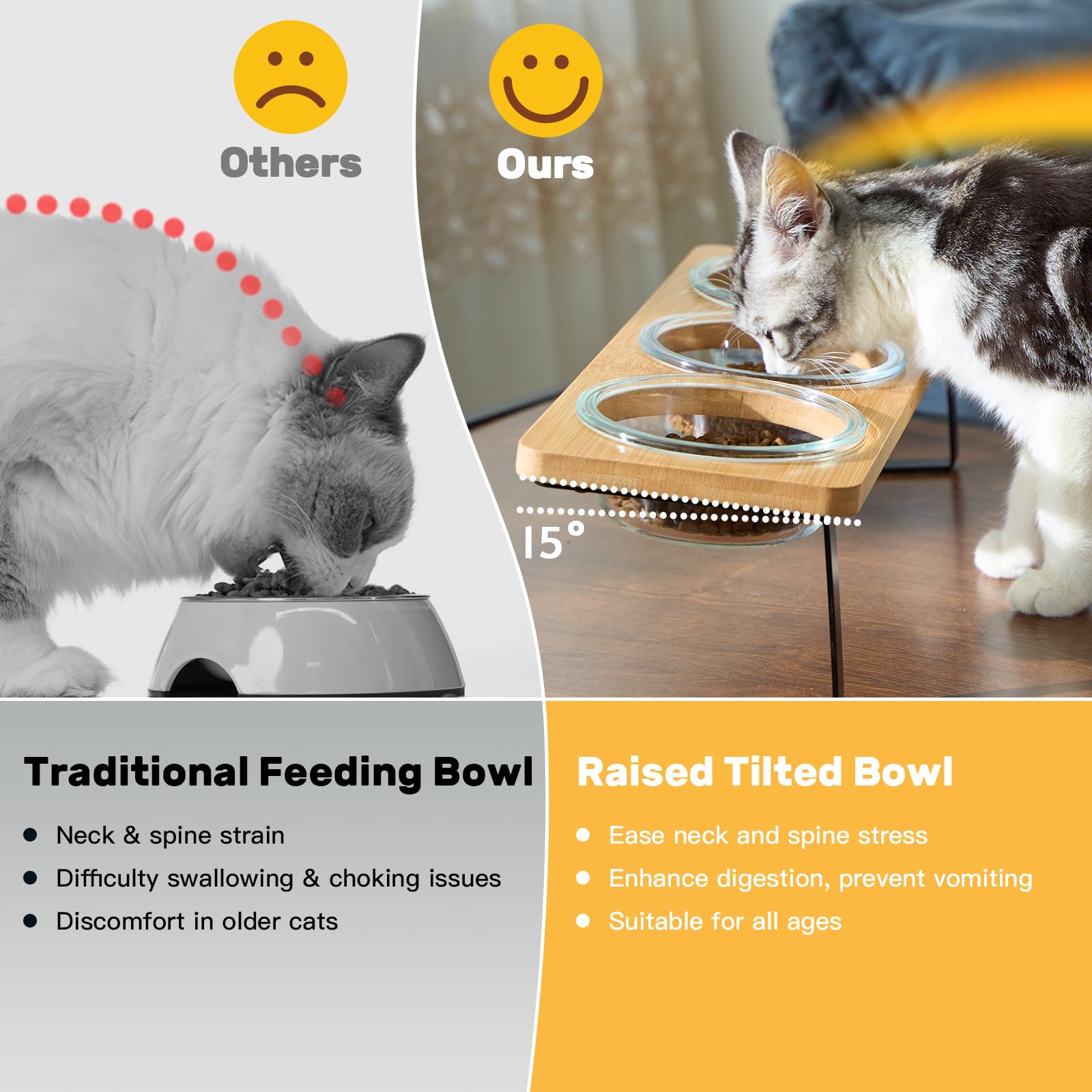 Lawfery Elevated Cat Bowls anti-slip pads help prevent slips on slick floors.