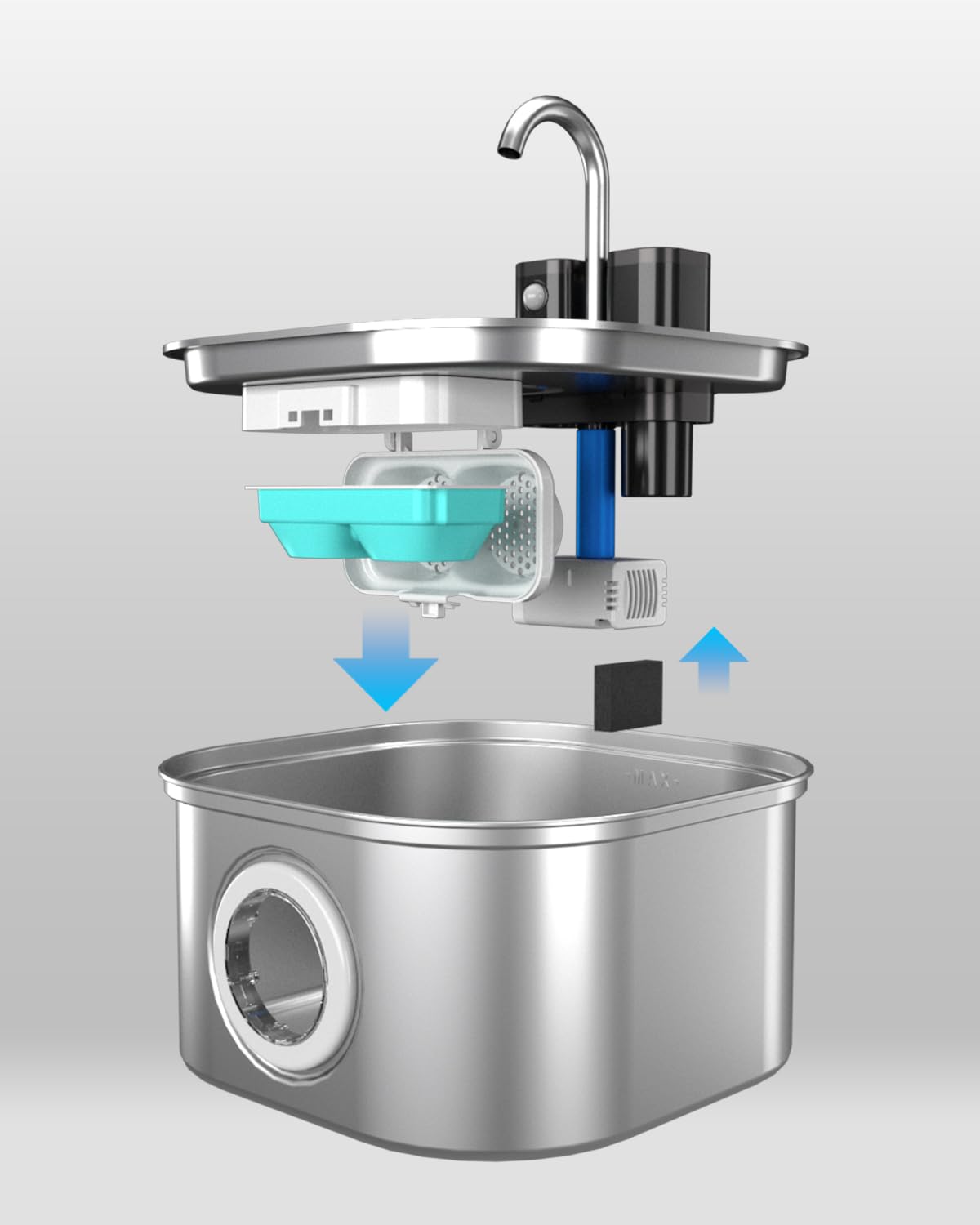 Lawfery fountain filter soak and rinse instruction image for proper maintenance.