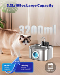 Lawfery Wireless Cat Water Fountain shows 3.2L capacity for multi-pet homes.