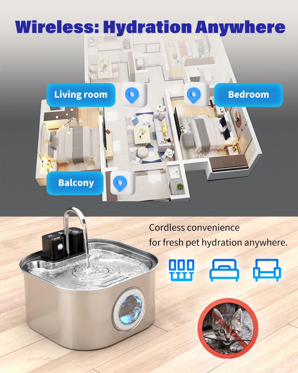 Lawfery fountain with one-button control and three drinking modes for pets.