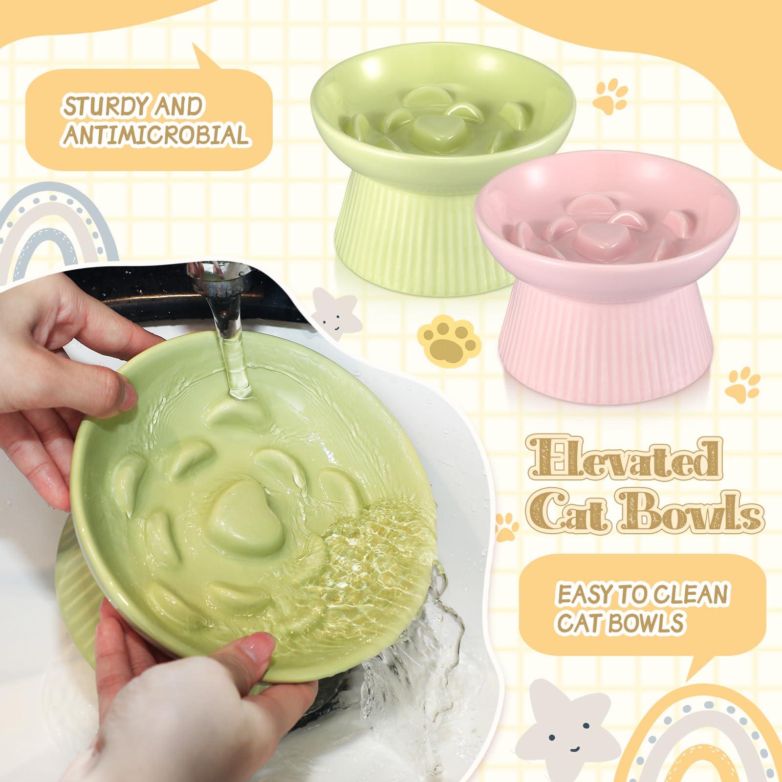 Layhit cat feeding setup shows green-pink bowls for a tidy, organized mealtime