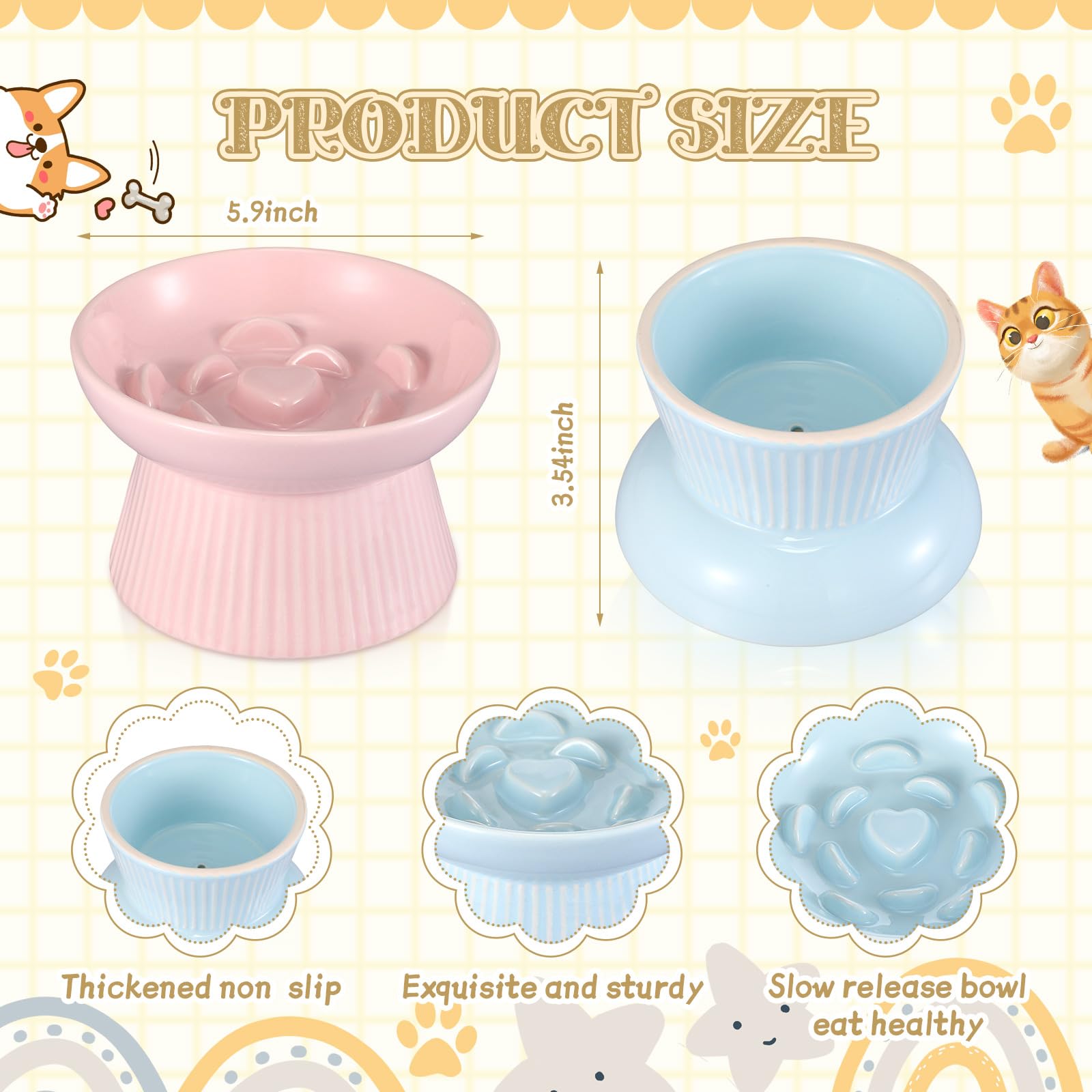 Layhit ceramic elevated cat bowl in blue and pink enhances dining space.