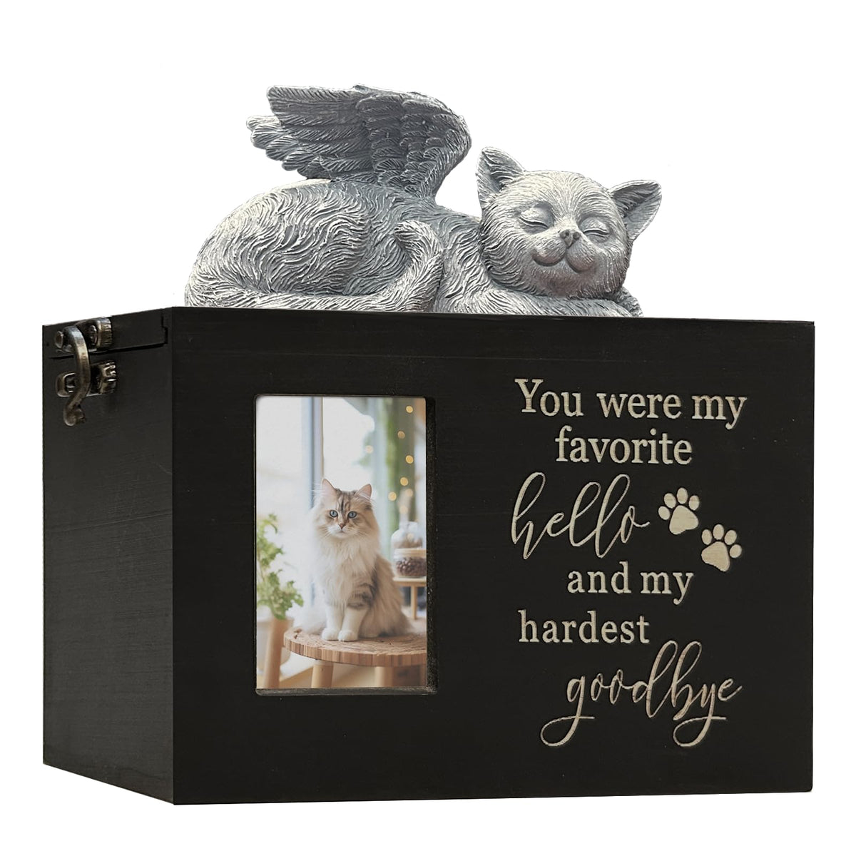 LAZYESTHER pet urn black Hello Large outside view demonstrates a durable keepsake.