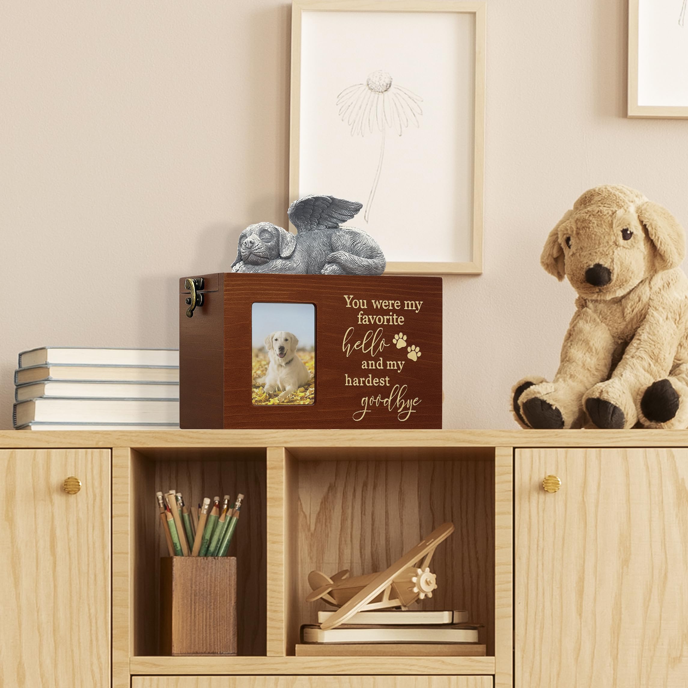 LAZYESTHER dog urn photo frame display shows a favorite image for memories