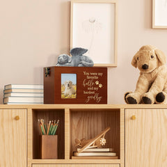LAZYESTHER dog urn photo frame display shows a favorite image for memories