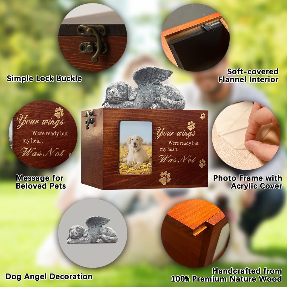 The LAZYESTHER dog urn exterior picture frame in red brown highlights a cherished photo.