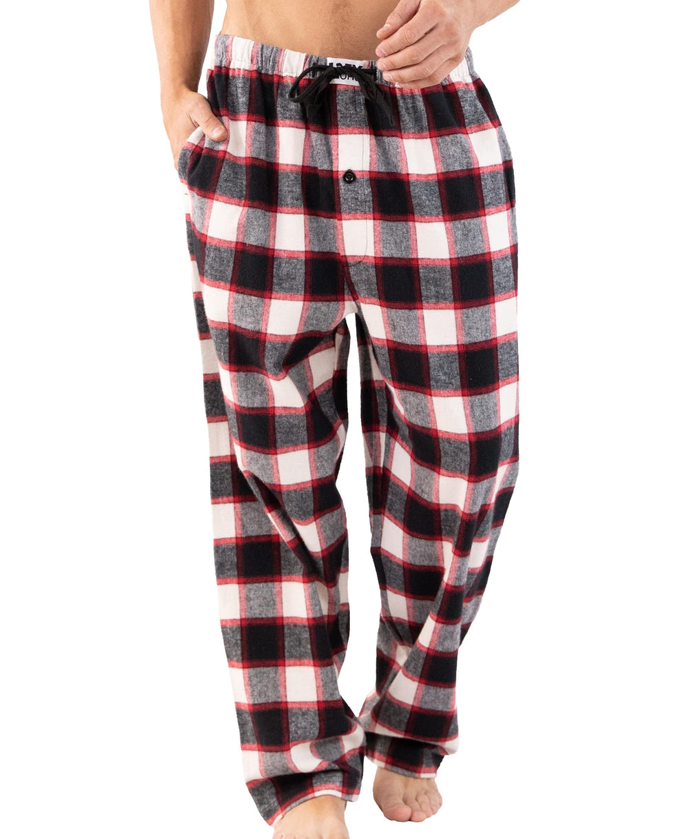 LazyOne flannel pajama pants in black plaid—front view for cozy nights.