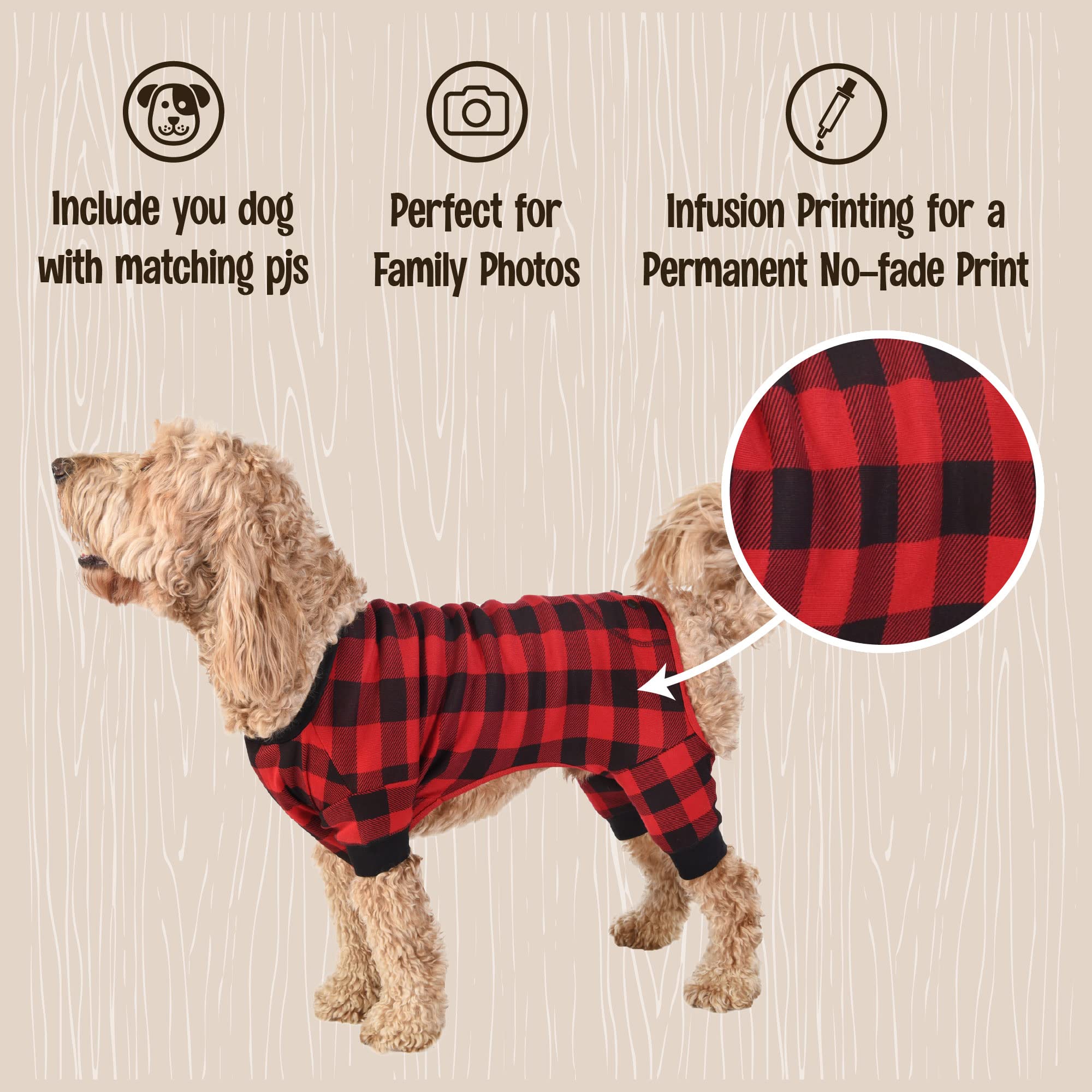 LazyOne matching family pajamas plaid large with dog and owner in view.