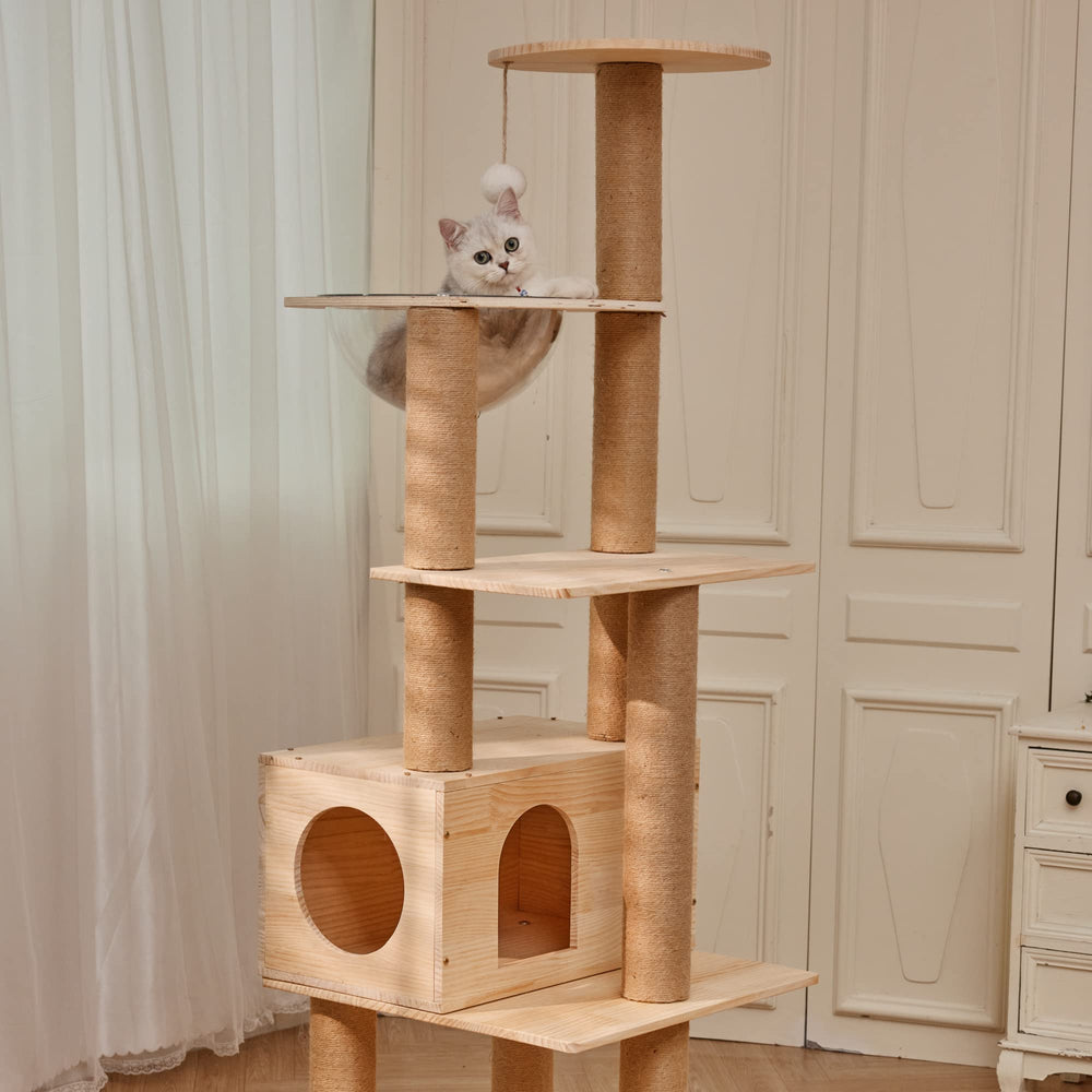 Lazyworm Cat Tree top platform offers panoramic viewing and supervision from above.