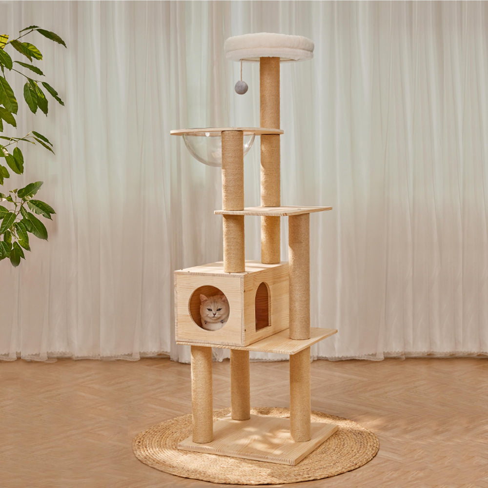 Lazyworm Modern Multi-Level Cat Tree with solid wood base and multiple platforms for indoor cats.