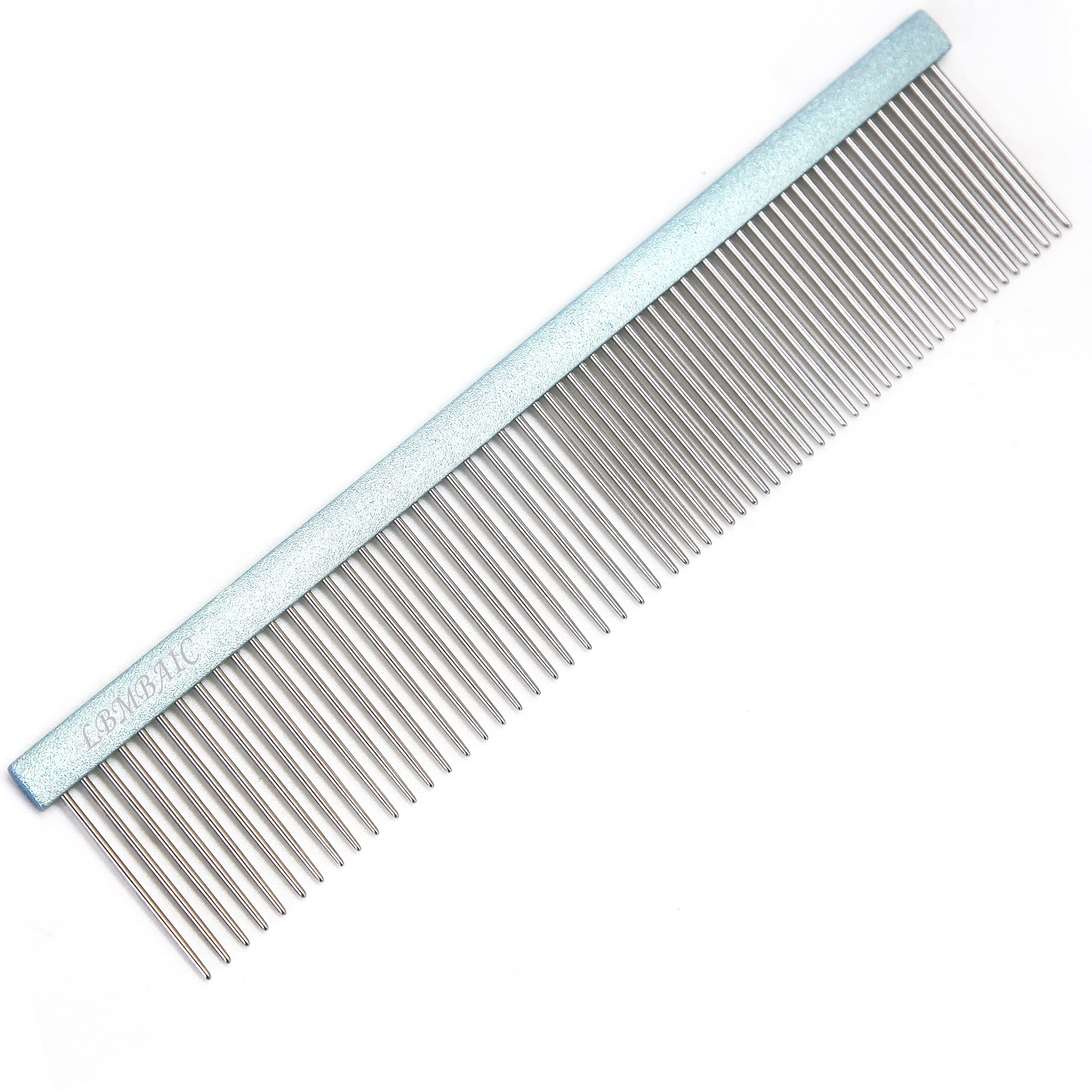 LBMBAIC metal dog grooming comb full view blue, 7.5-inch design for shedding and detangling