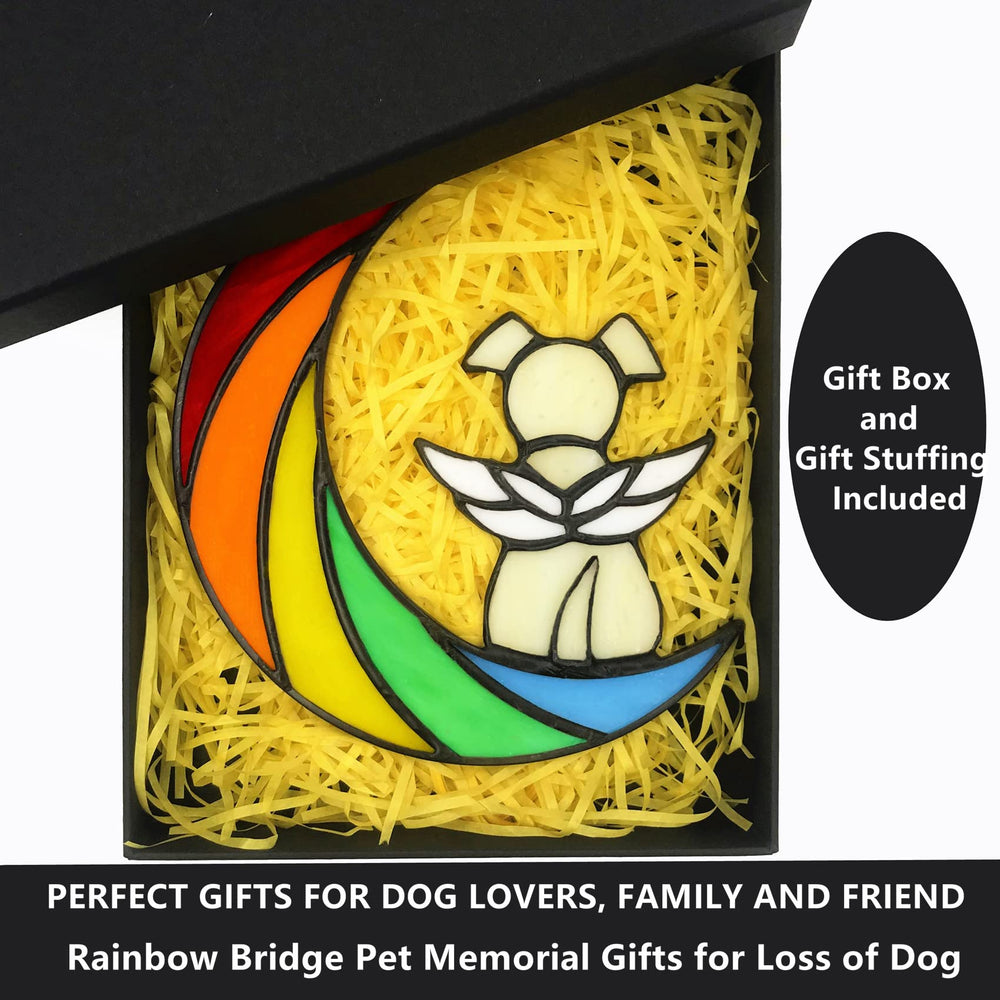 Lcensp stained glass memorial shines near a pet photo with rainbow light