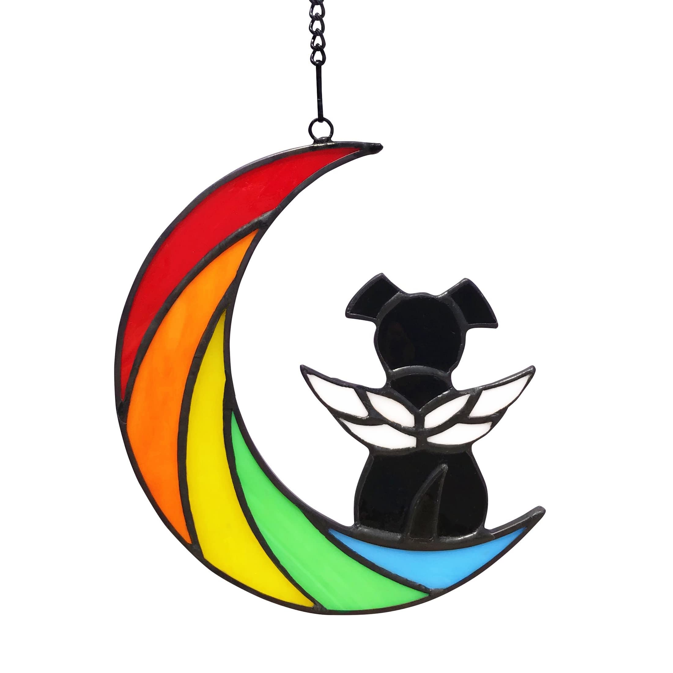 Lcensp stained glass rainbow bridge dog memorial display glows in sunlight for remembrance.