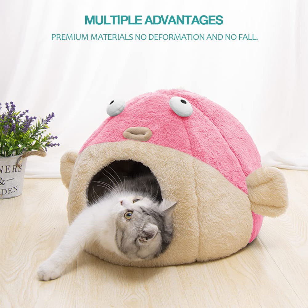 Lcybem cat bed with lively pufferfish design for playful naps.