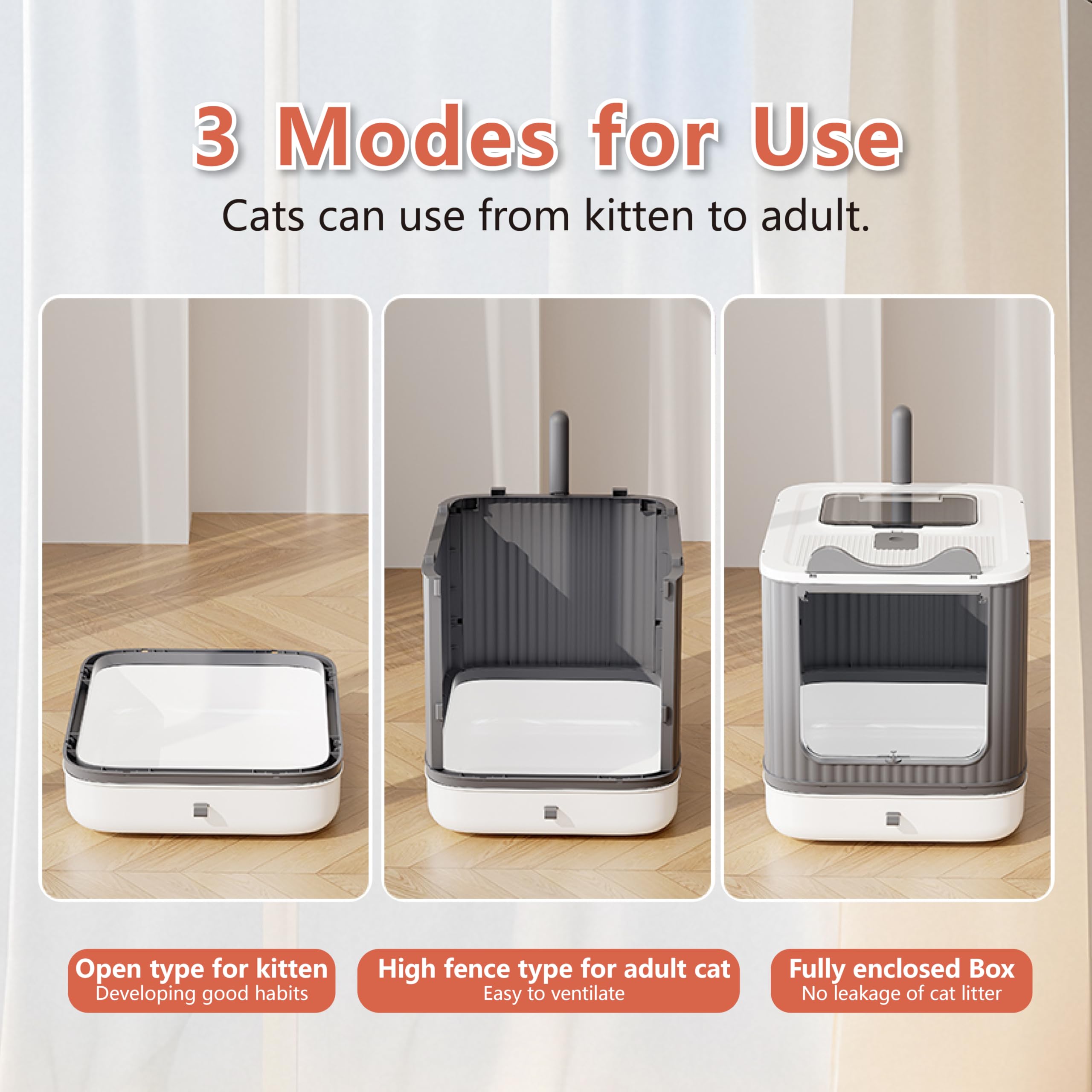 LCZLBRRD three-mode litter box adapts from kitten to adult.
