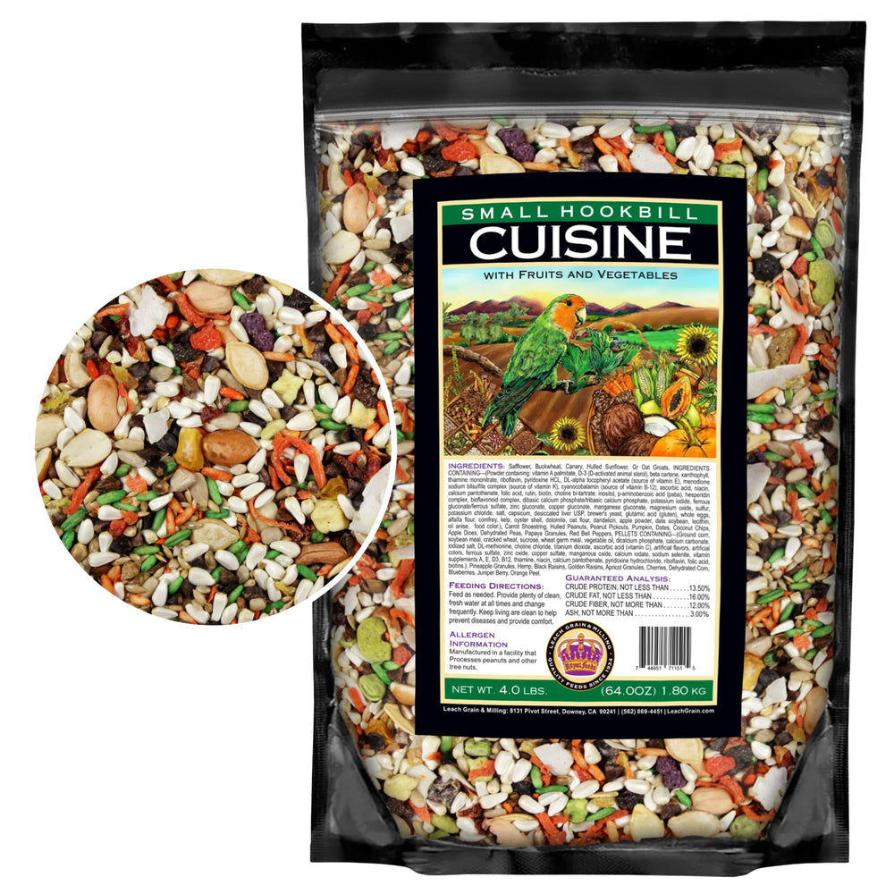 LEACH GRAIN & MILLING CO. Small Hookbill Cuisine bag front shows premium parrot seed blend for daily energy