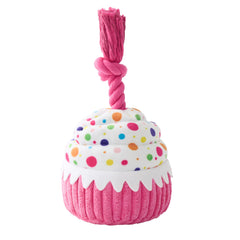 LE SURE Dog Birthday Cake Toy front view in pink showcases cuddly plush for gentle chewing and play.
