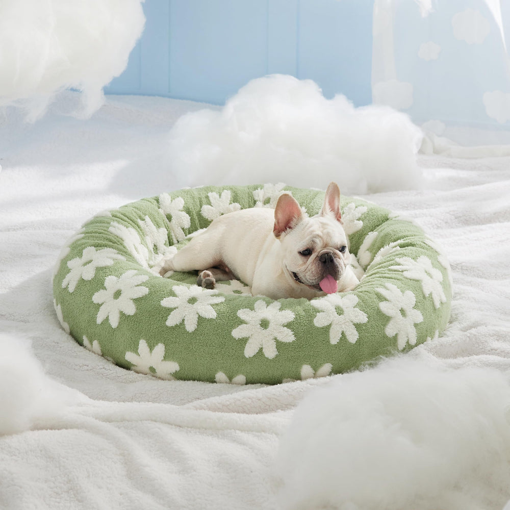LE SURE Donut Bed green jacquard plush offers cozy warmth for indoor pets.