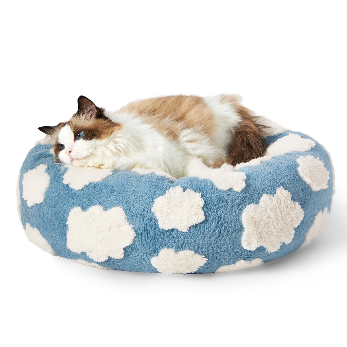 LE SURE Donut Cat Bed blue closeup shows plush comfort for snuggly naps.