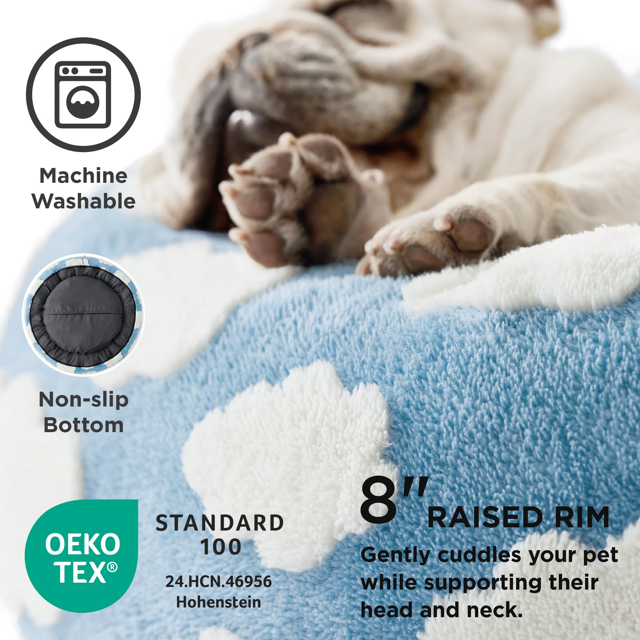 LE SURE Donut Dog Bed blue outer cover close-up demonstrates easy machine-wash cleaning