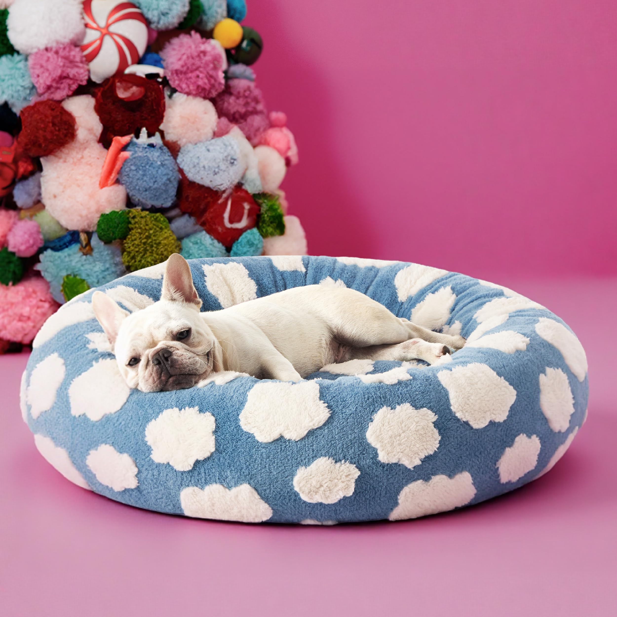 LE SURE Donut Dog Bed blue pattern bow feature adds stylish accent