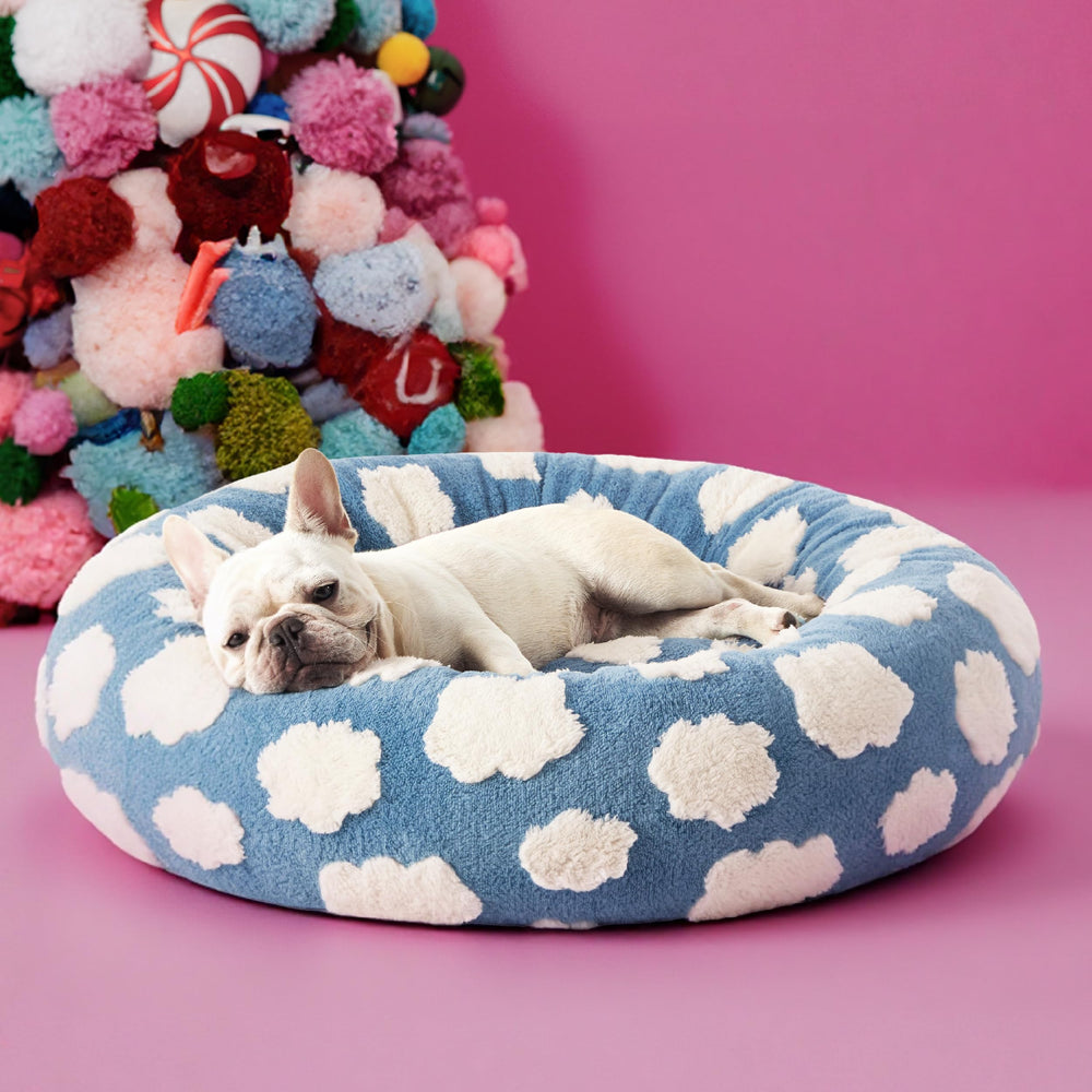 LE SURE Donut Dog Bed blue pattern bow feature adds stylish accent