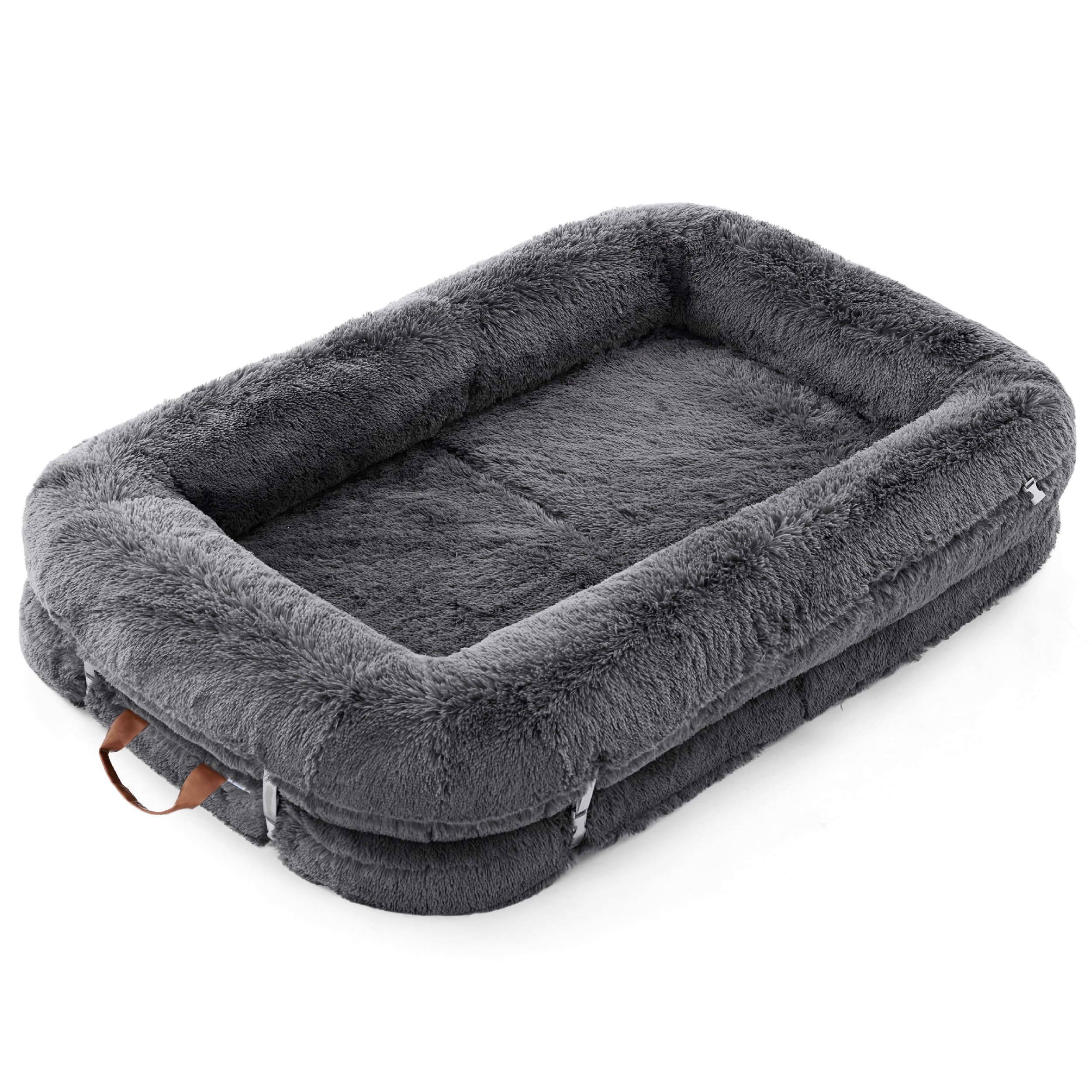 LE SURE charcoal fabric bed in cozy living room setup conveys stylish comfort