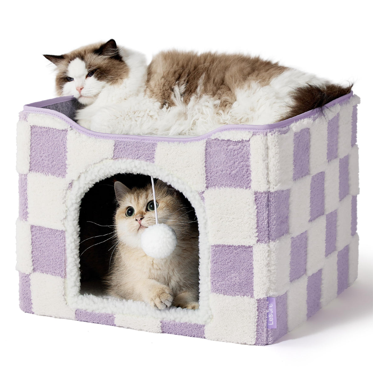 LE SURE indoor cat beds front view in lavender checks, inviting cozy hideaway for naps.