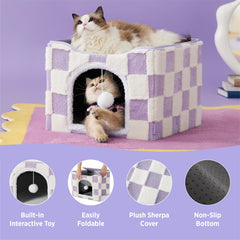 LE SURE cat house upper platform highlights room to stretch comfortably.