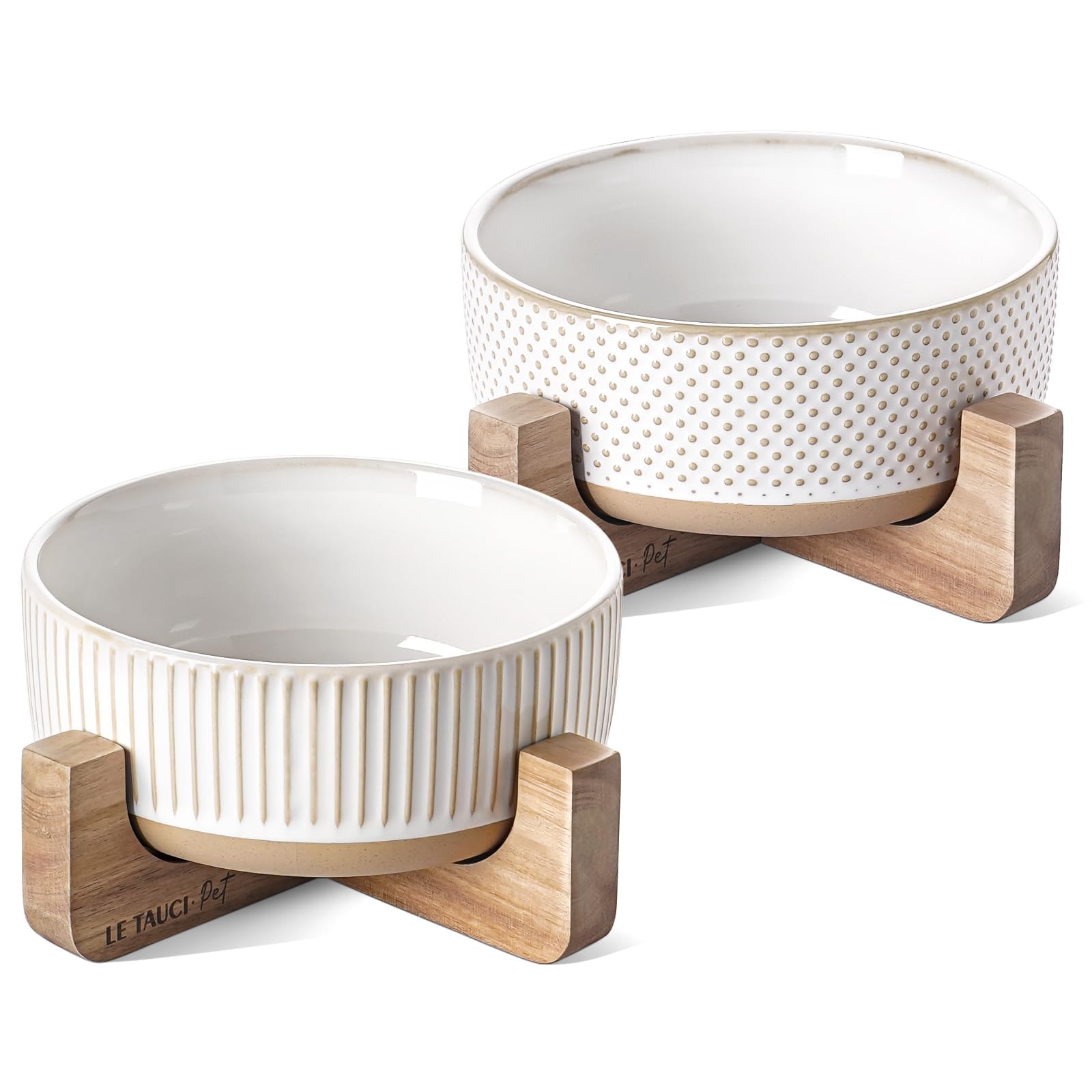 LE TAUCI PET ceramic dog bowls on wood stand—front view for easy feeding.